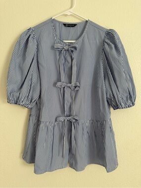 Navy Striped Women's Blouse with Bow Accents